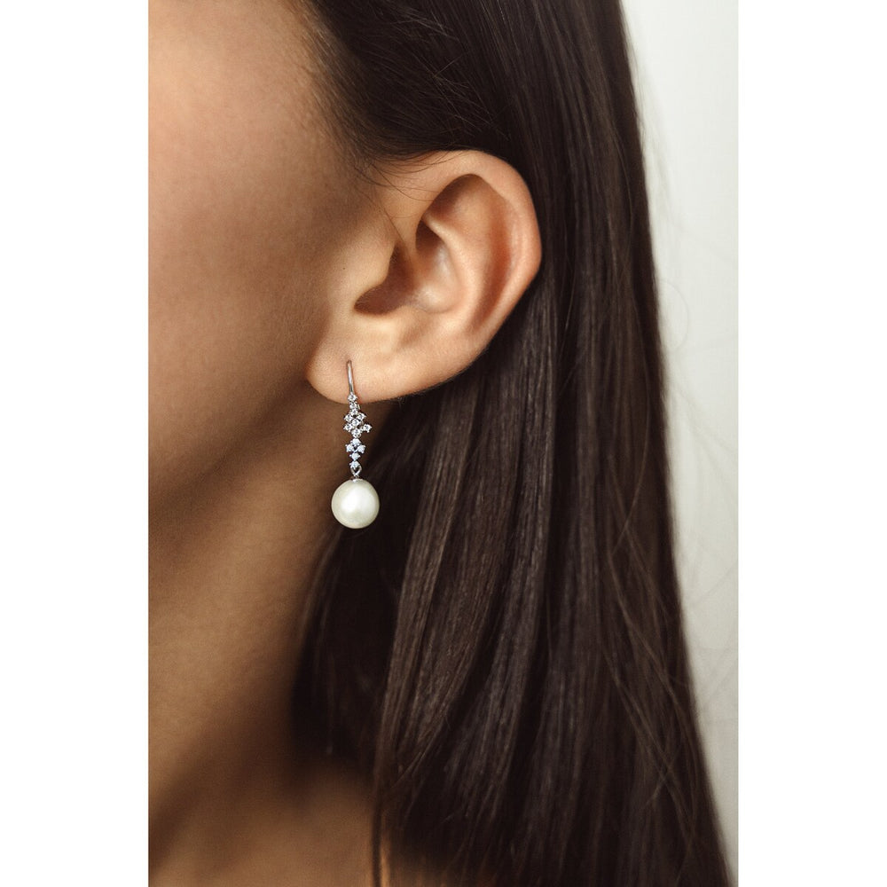 Sterling Silver Clustered CZ & White Freshwater Teardrop Pearl Drop Earrings