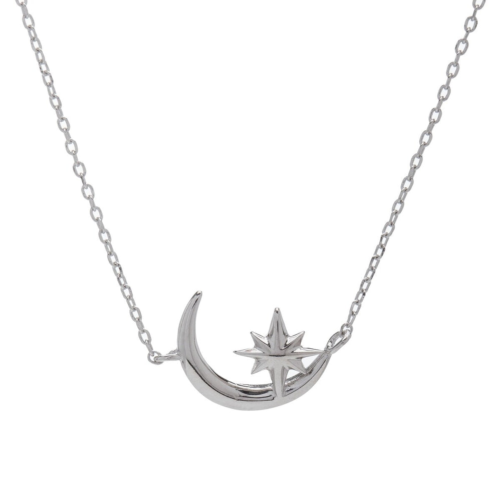 Sterling Silver Crescent Moon Star Necklace - White