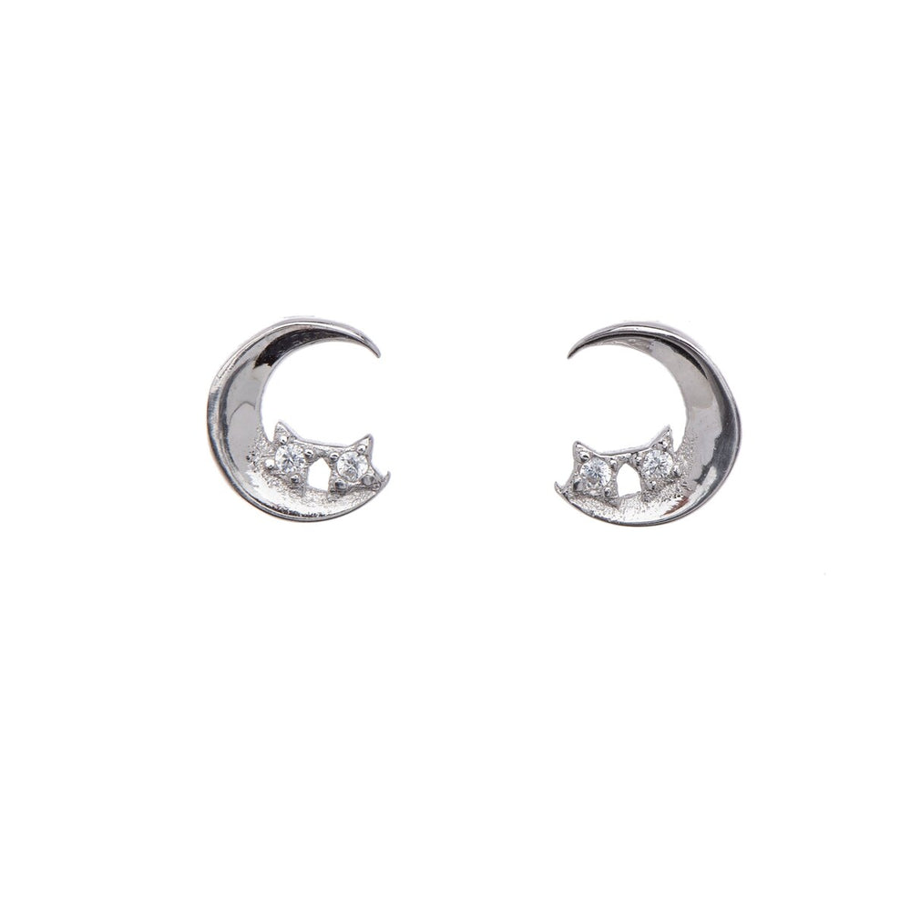 Sterling Silver Crescent Moon & Cubic Zirconia Twin Stars Stud Earrings