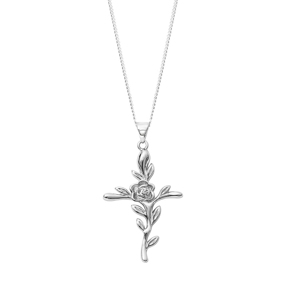 Sterling Silver Cross & Rose Pendant Necklace - White