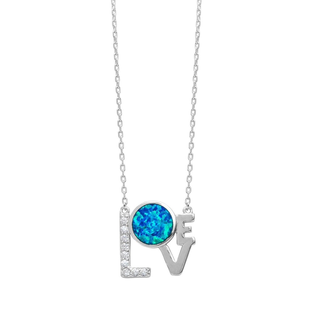 Sterling Silver Cubic Zirconia Blue Lab Opal Love Necklace - White