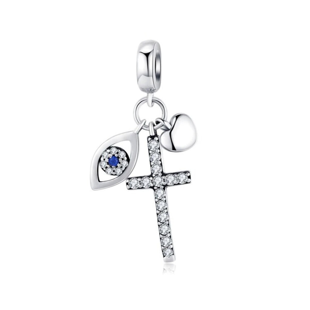 Sterling Silver Cubic Zirconia Cross And Eye Dangling Charm