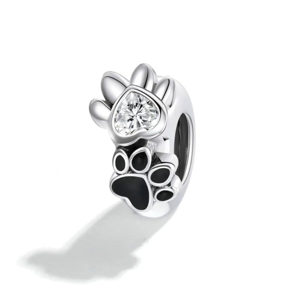 Sterling Silver Cubic Zirconia Dual Paw Print Charm Bead