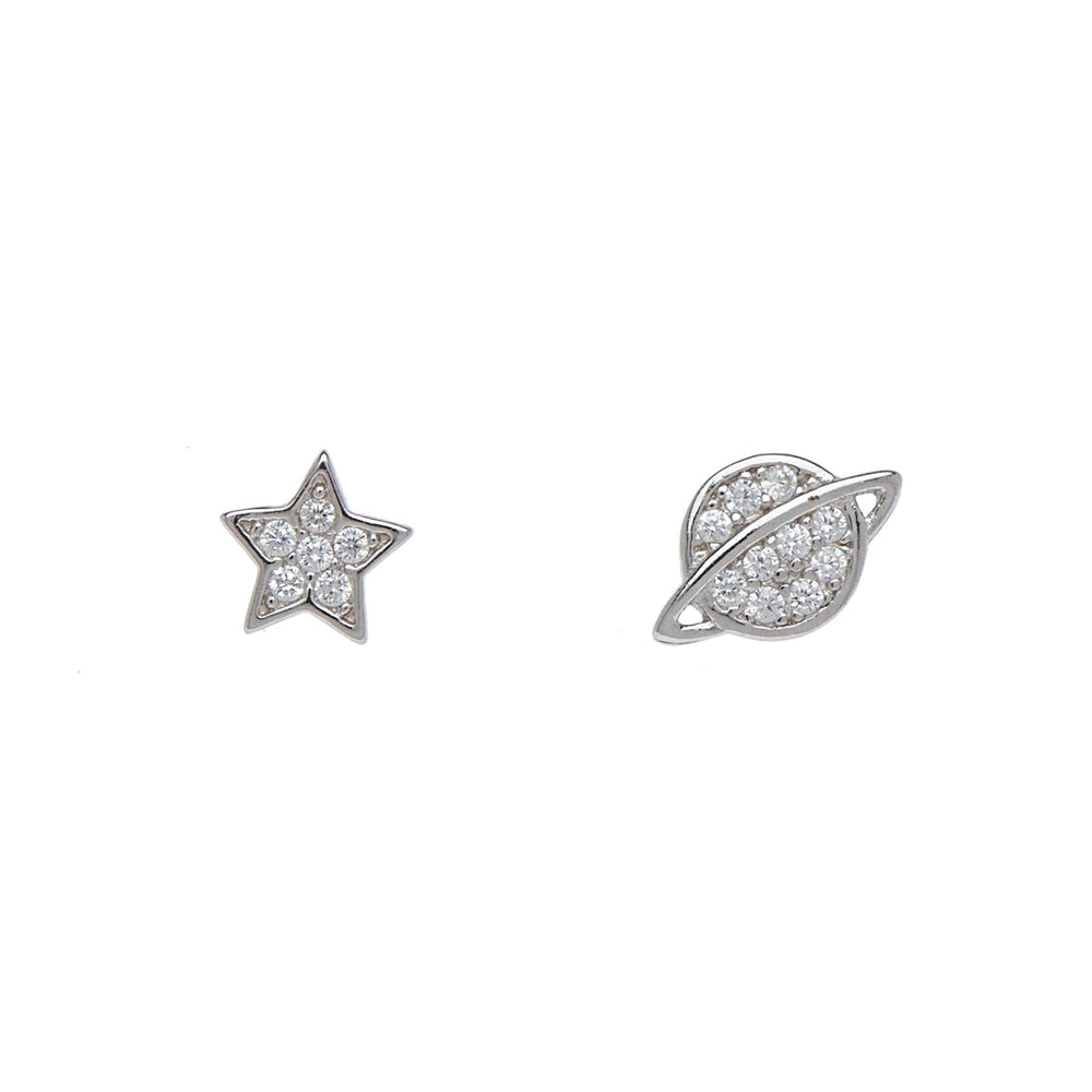 Sterling Silver Cubic Zirconia Star And Planet Asymmetrical Stud Earrings