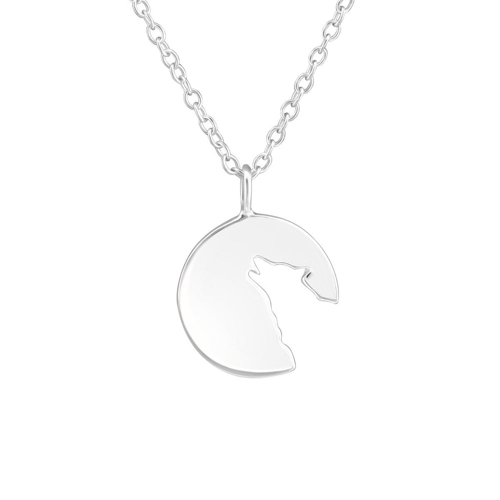 Sterling Silver Cut-out Wolf Round Pendant Necklace - White