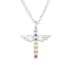 Sterling Silver Dainty Angel Wing Cross Pendant Necklace With Rainbow Crystals - Ag Sterling - White