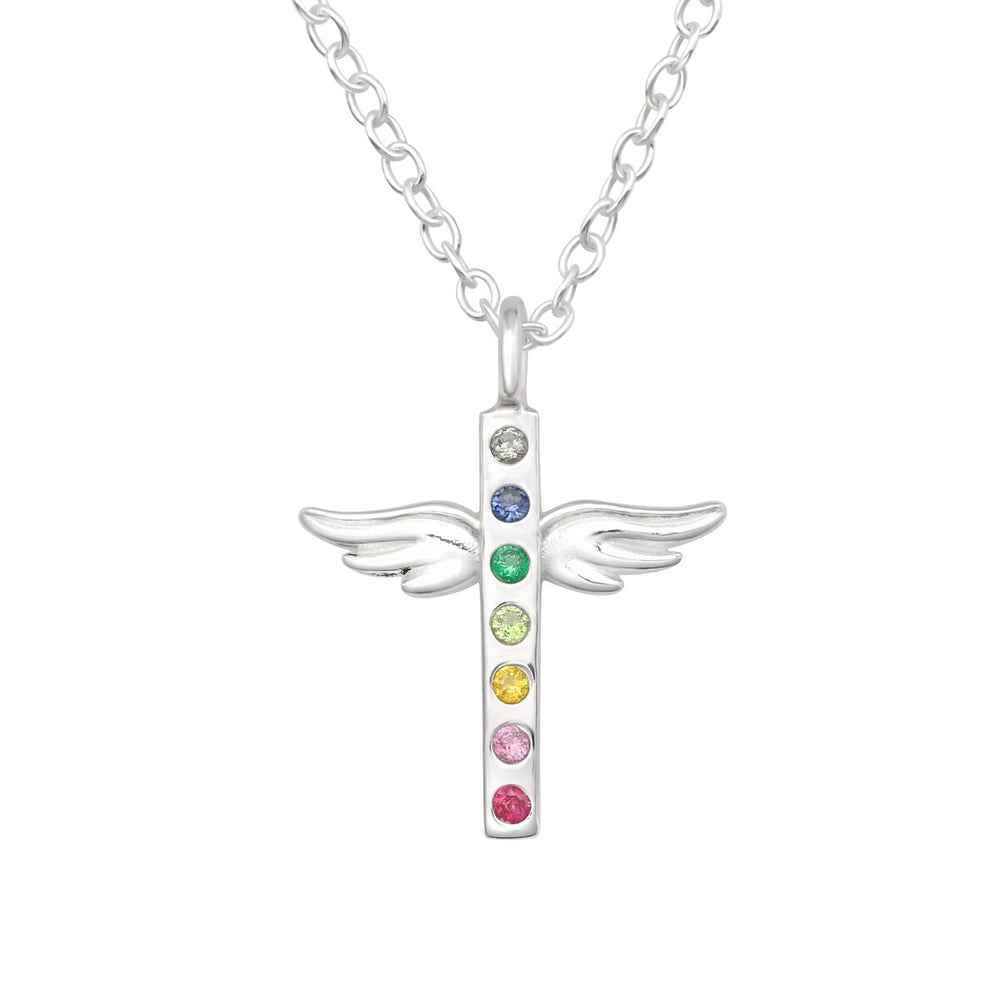 Sterling Silver Dainty Angel Wing Cross Pendant Necklace With Rainbow Crystals - Ag Sterling - White