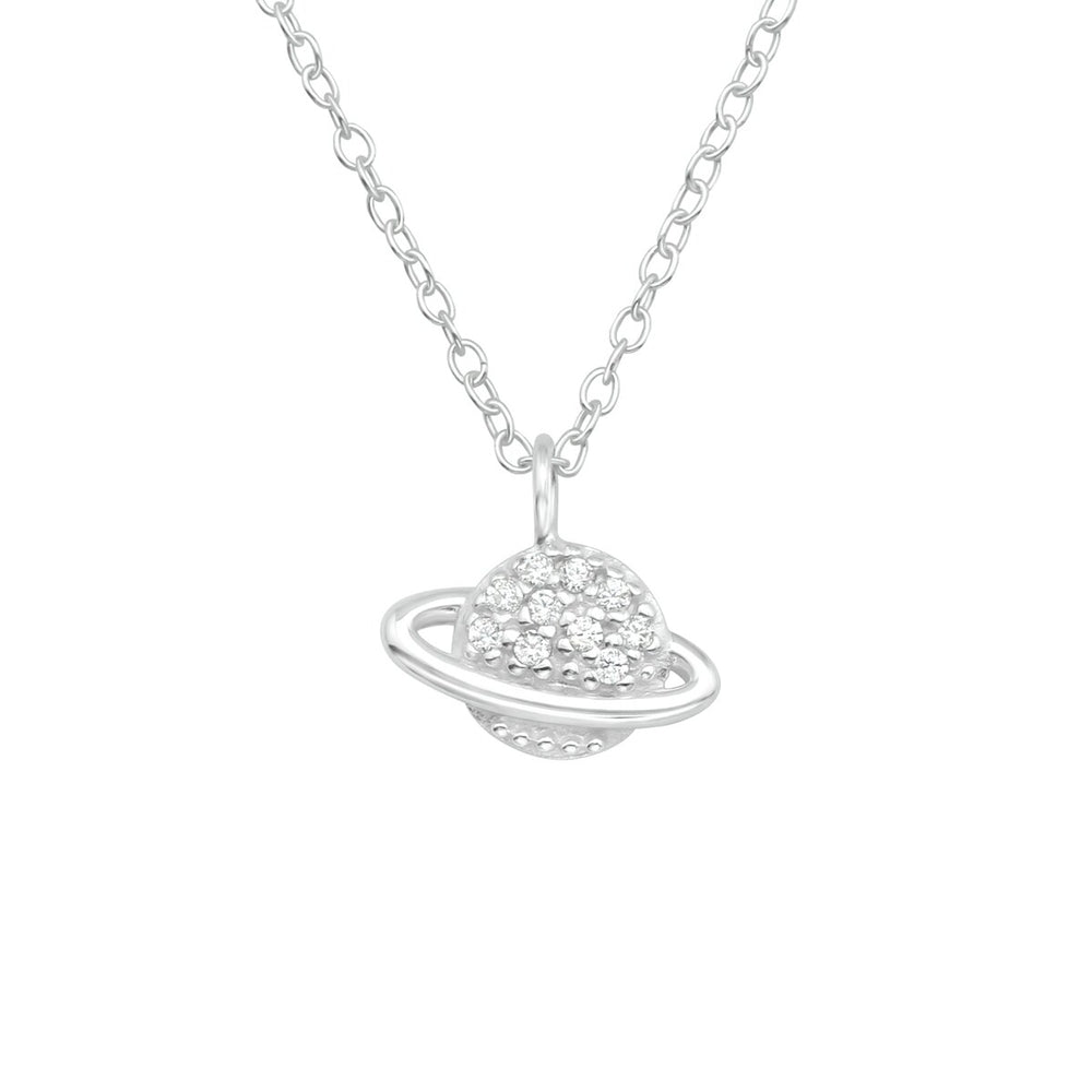 Sterling Silver Dainty CZ Pave Planet Pendant Necklace - White