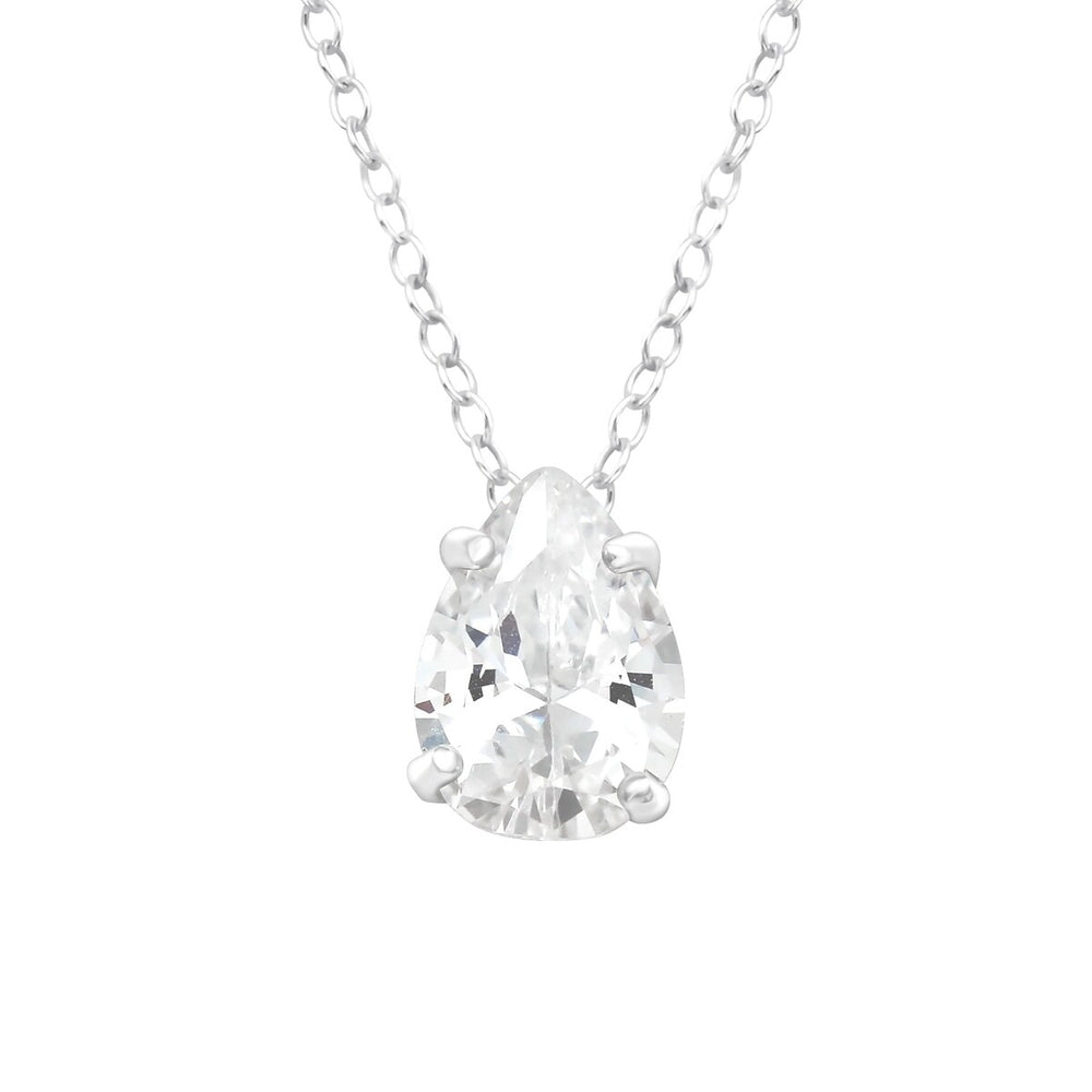 Sterling Silver Dainty CZ Teardrop Pendant Necklace - White