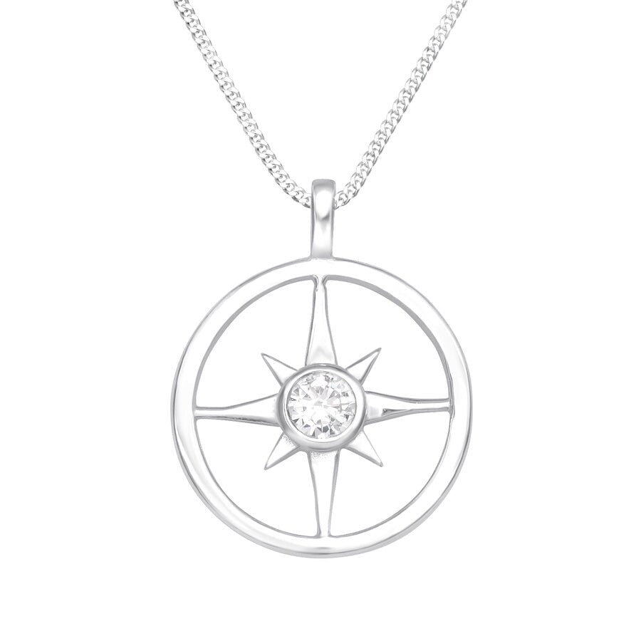 Sterling Silver Dainty Compass Pendant Necklace With Cubic Zirconia Center - Ag Sterling - White