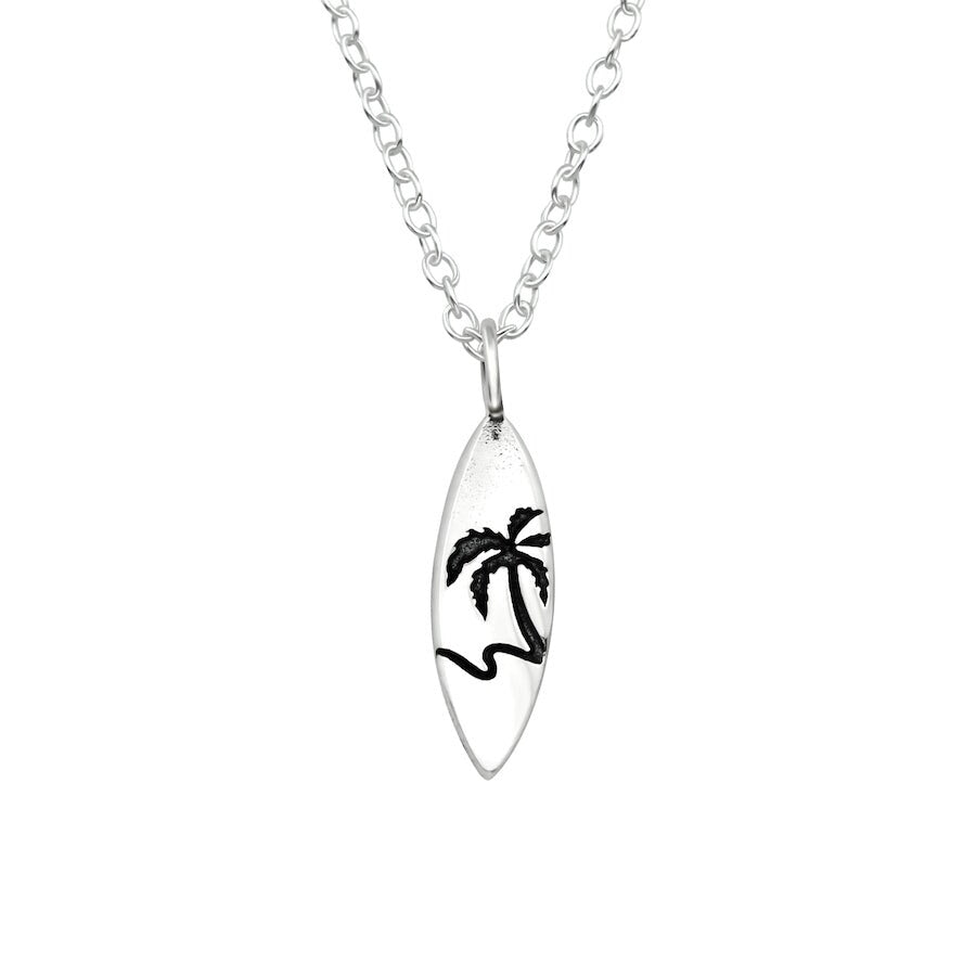 Sterling Silver Dainty Palm Tree And Surf Pendant Necklace - Ag Sterling - White