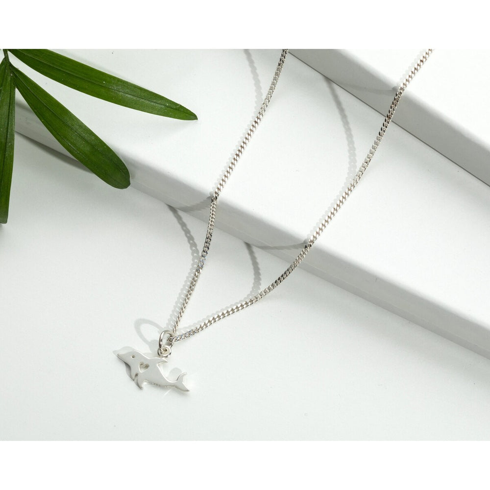 Sterling Silver Dolphin Heart Pendant Necklace - White