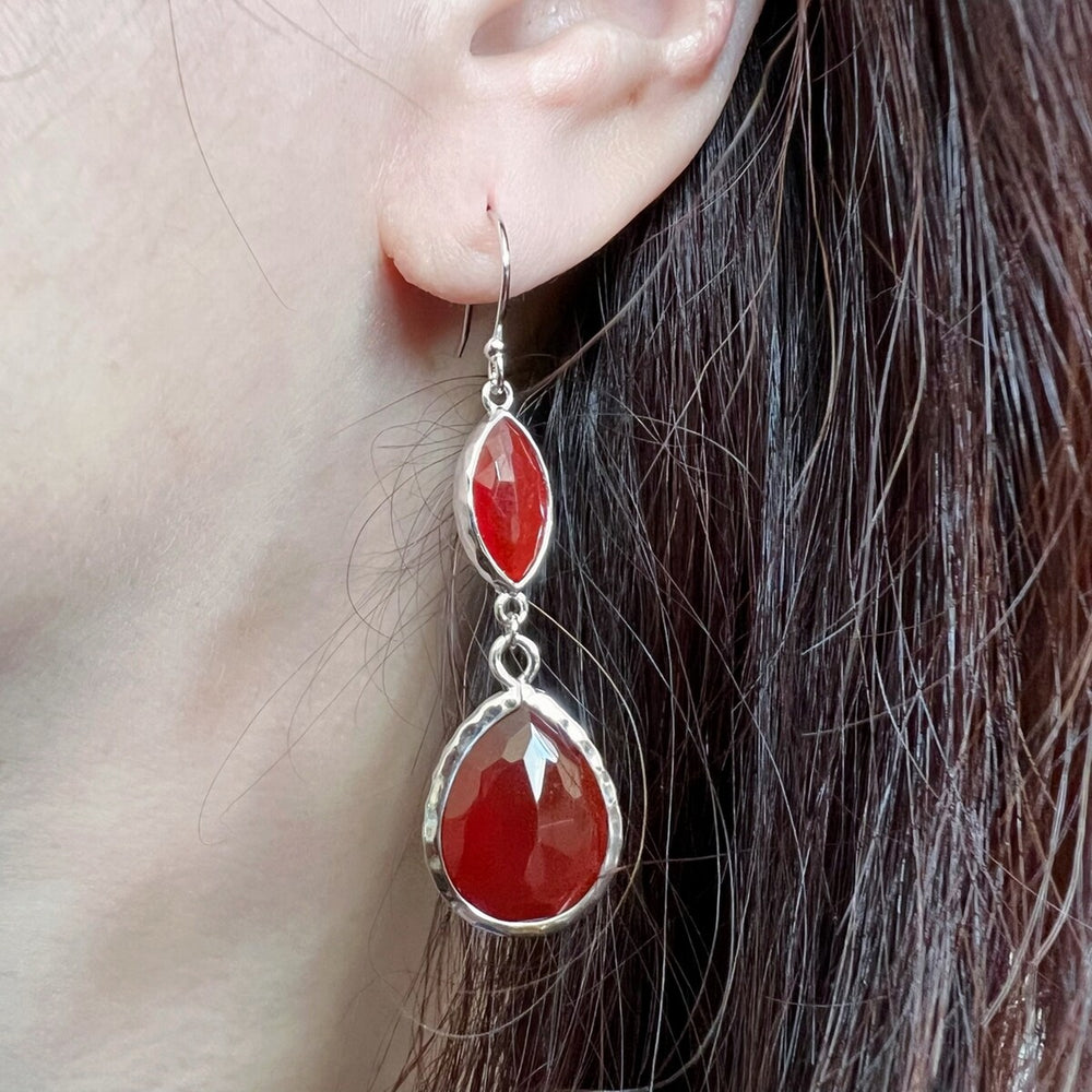 Sterling Silver Earring Hammer Texture Wrap Marquis and Teardrop Red Carnelian