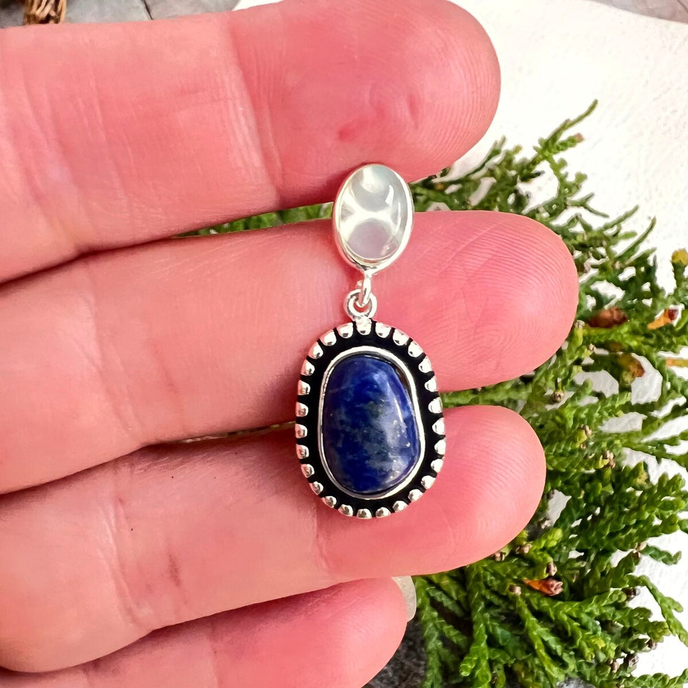 Sterling Silver Earring Oval Blue Agate Lapis Lazuli Oval Oxlidized Drop