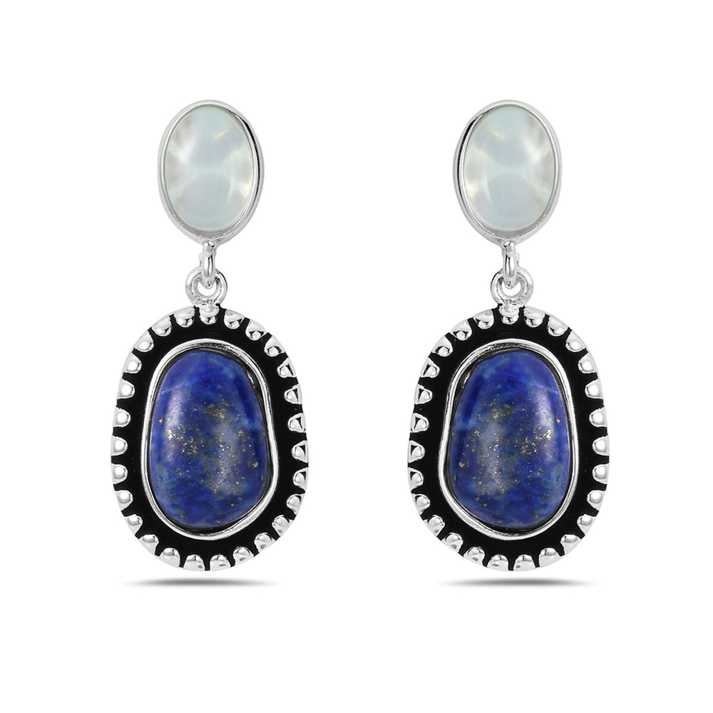 Sterling Silver Earring Oval Blue Agate Lapis Lazuli Oval Oxlidized Drop