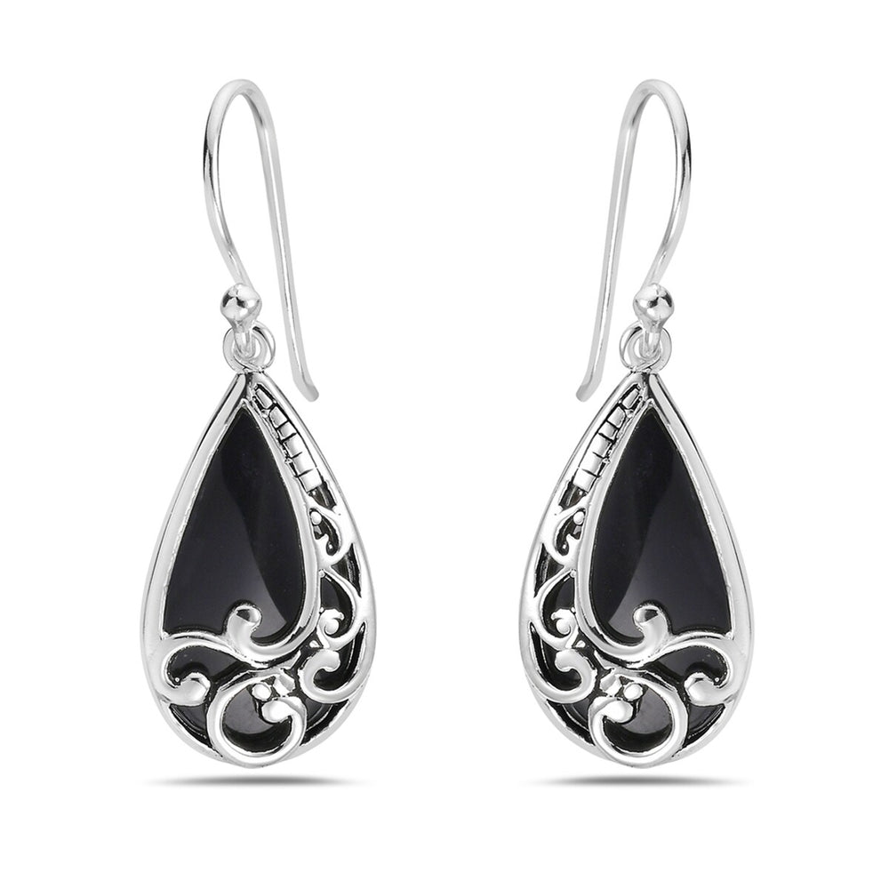 Sterling Silver Earring Teardrop Onyx Base Vines lines Over the Top