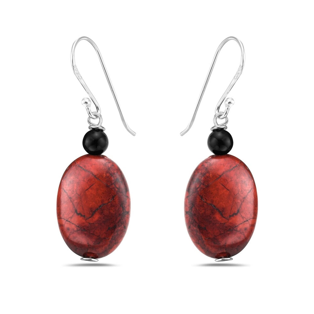 Sterling Silver Earring of Oval Red Poppy Jasper with Onyx Bead French Wire