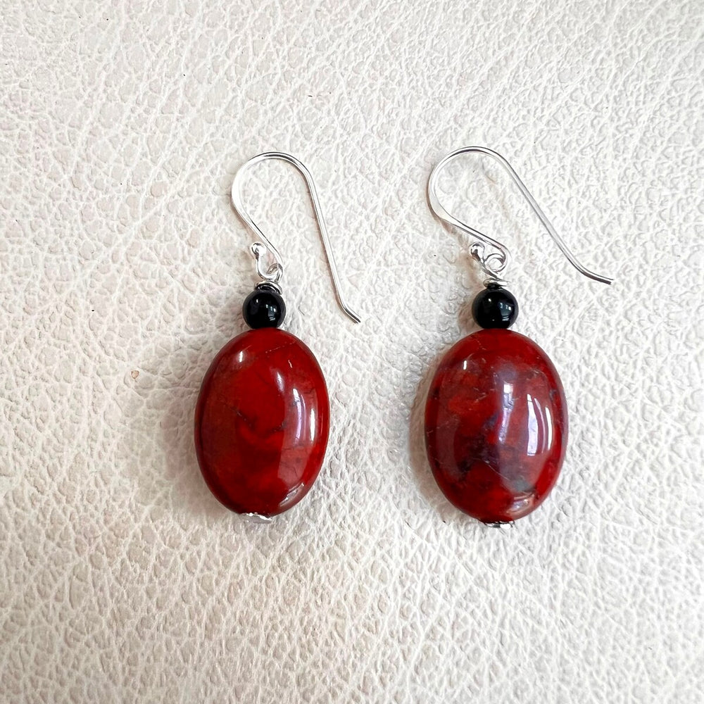 Sterling Silver Earring of Oval Red Poppy Jasper with Onyx Bead French Wire