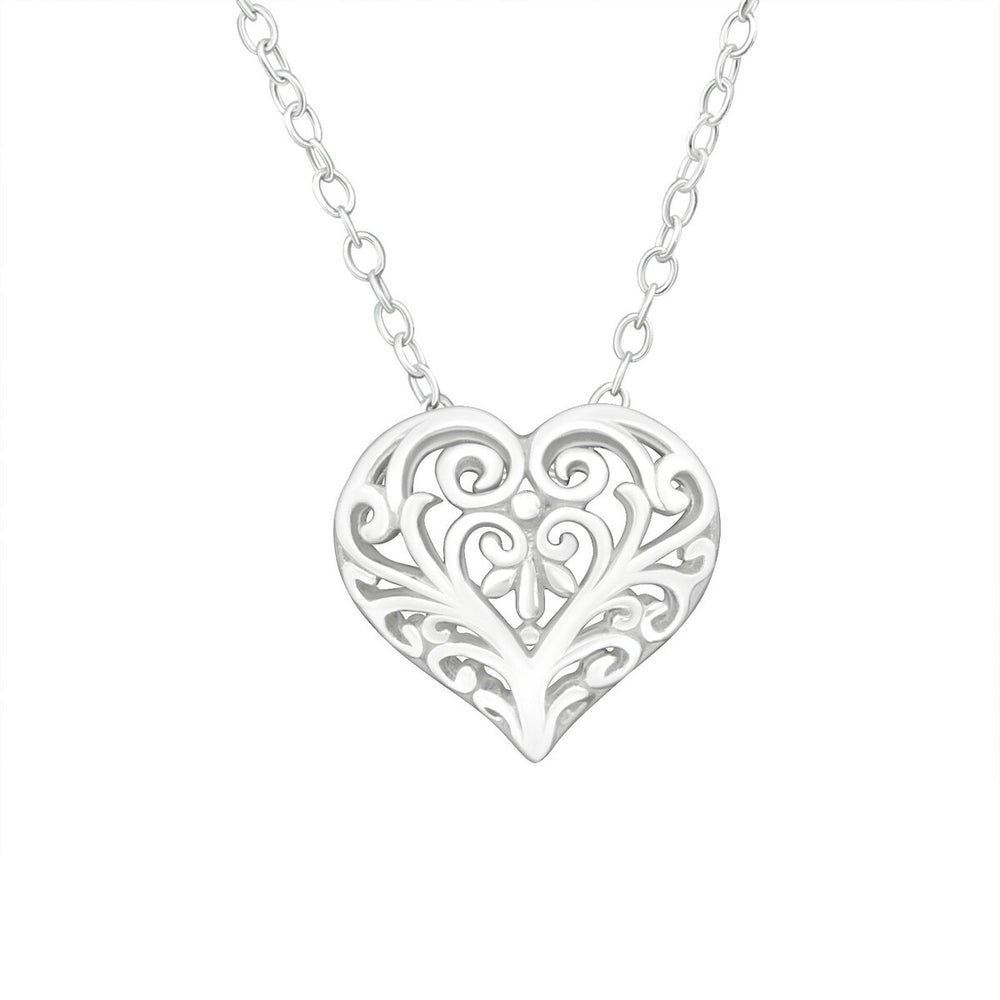 Sterling Silver Filigree Heart Pendant Necklace - Ag Sterling - White