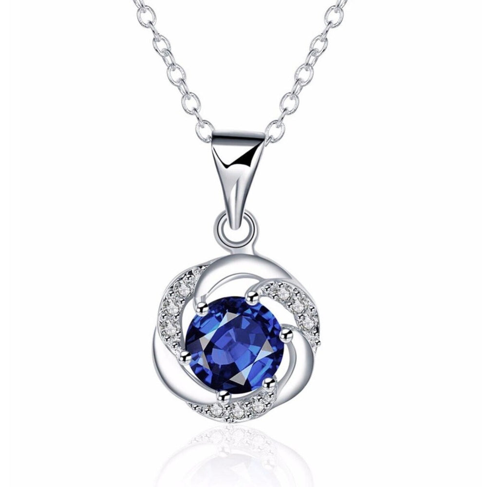 Sterling Silver Filled Pendant Necklace With Blue Crystal - White