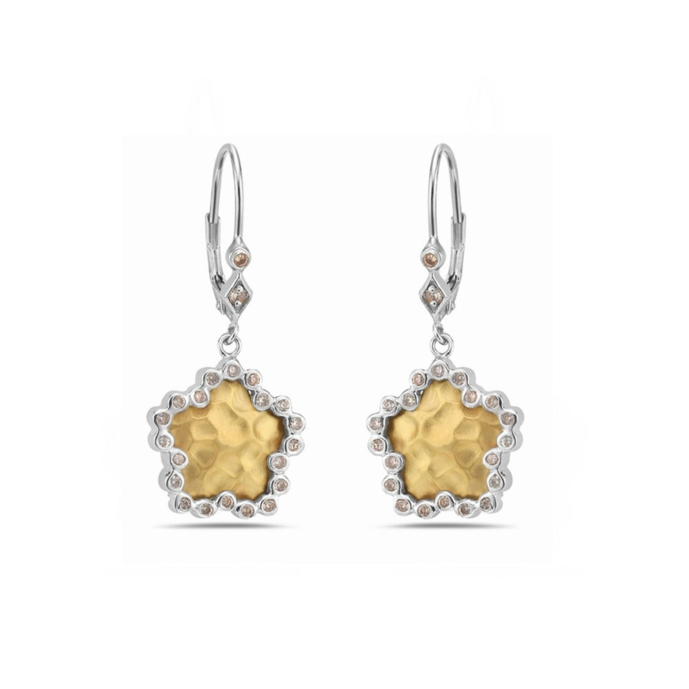 Sterling Silver Flower Shape Gold Plate Two-Tone CZ Stone Around Earring