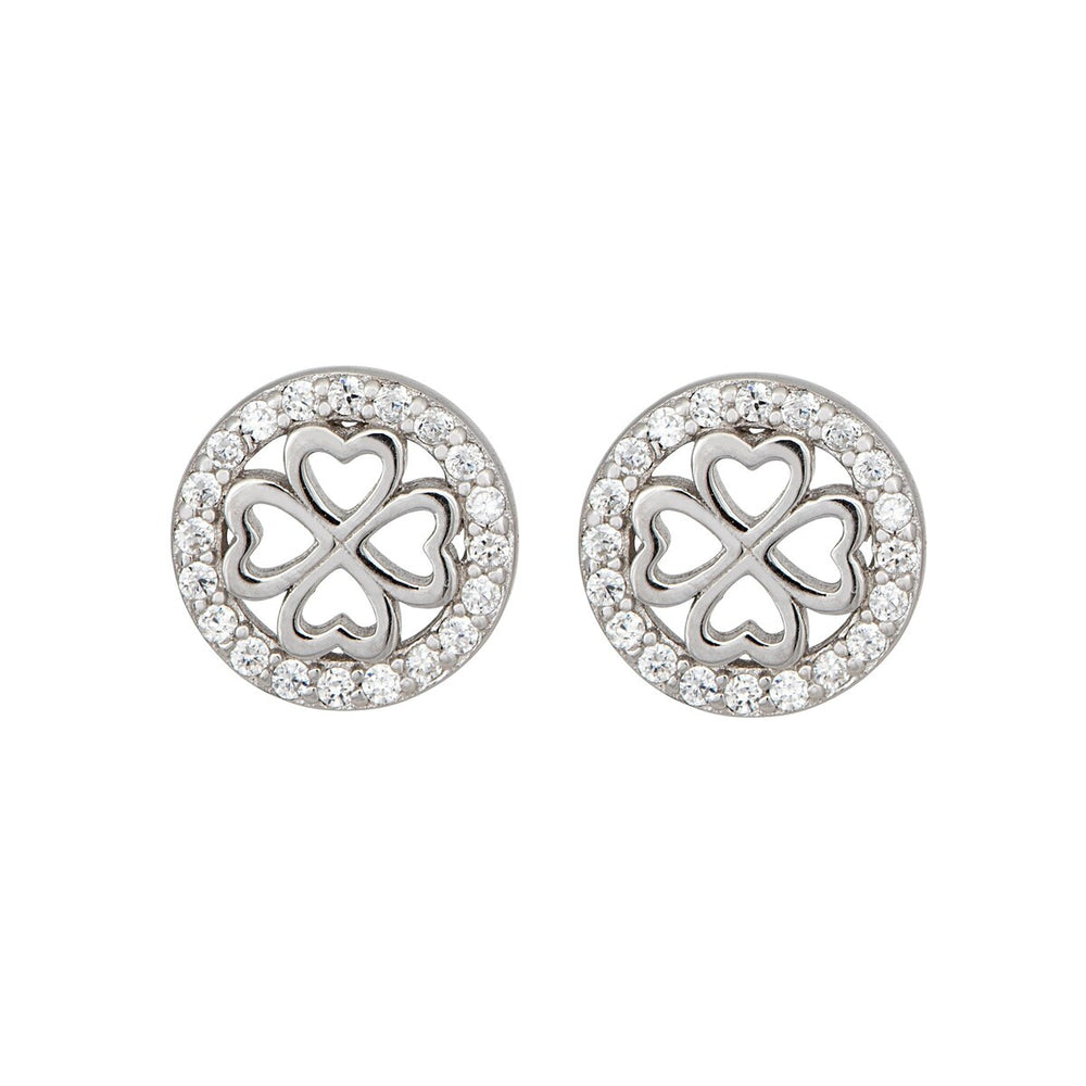 Sterling Silver Four Leaf Clover Cubic Zirconia Circular Stud Earrings