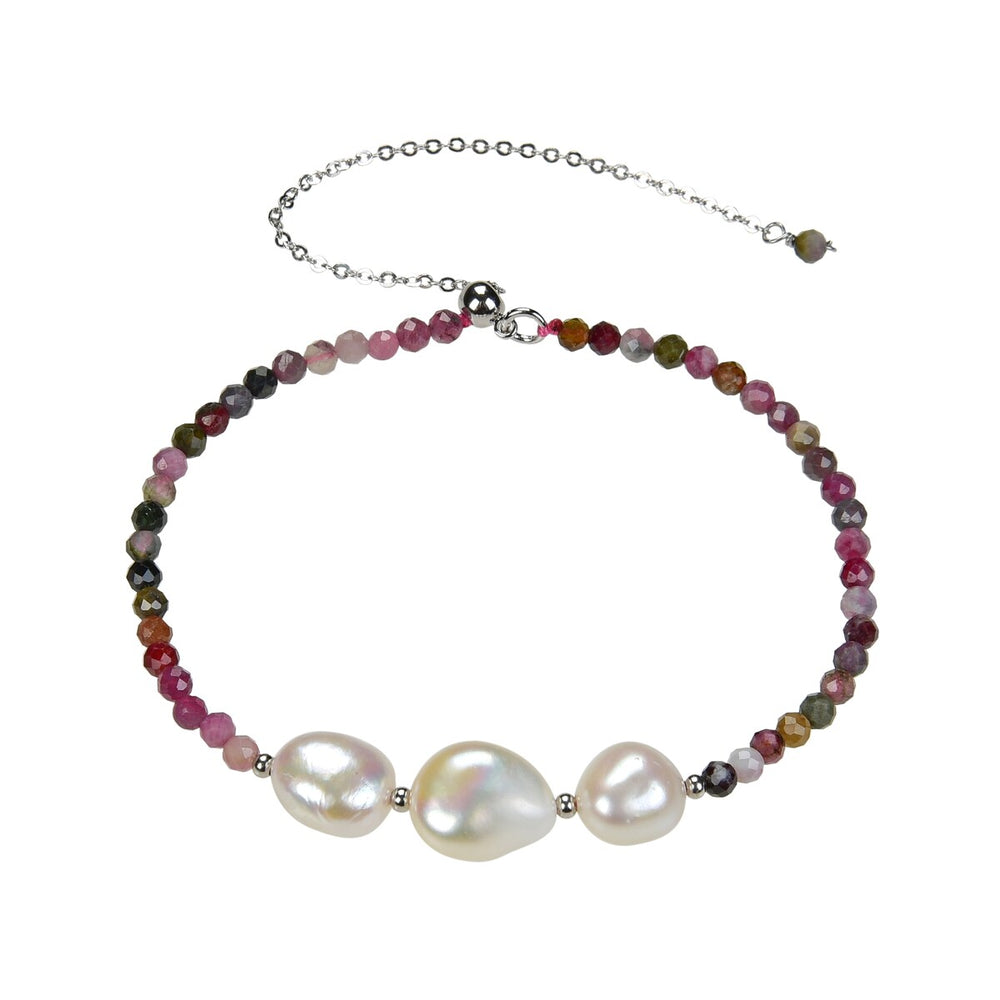 Sterling Silver Freshwater Pearl and Multi Tourmaline Beaded Bolo Bracelet