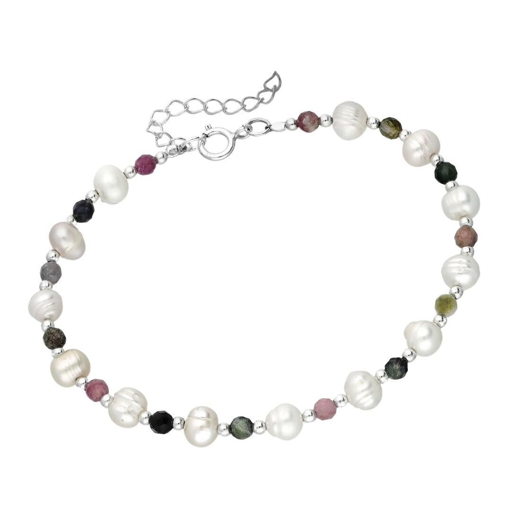 Sterling Silver Freshwater Pearl and Tourmaline Beaded Bracelet - Multi