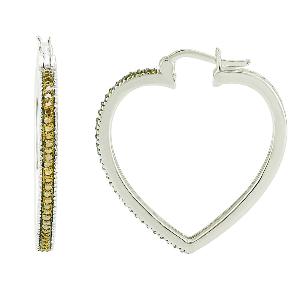 Sterling Silver Genuine Yellow Diamond Heart Shape Hoop Earrings