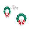 Sterling Silver Green CZ Wreath with Red Bow Dainty Stud Earrings