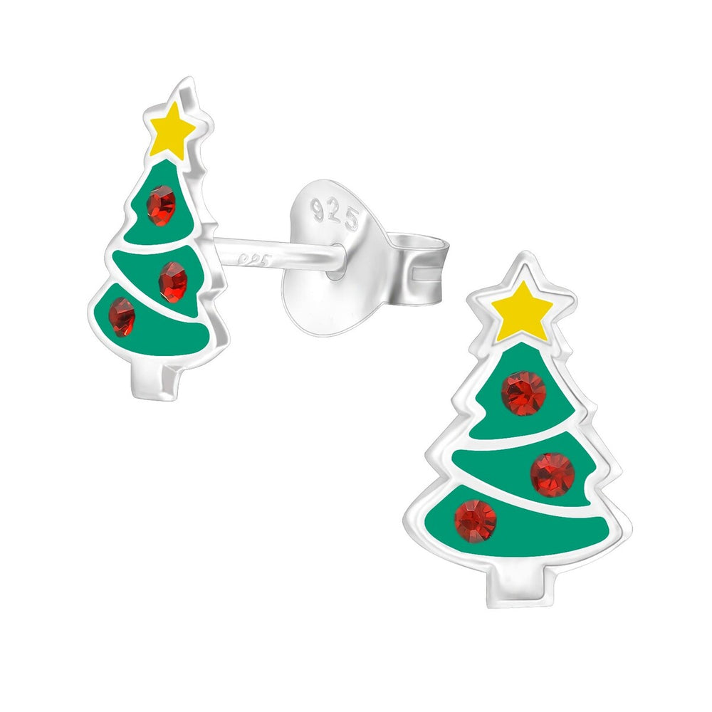 Sterling Silver Green Chrismtas Tree with Red CZ Dainty Stud Earrings