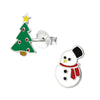 Sterling Silver Green Christmas Tree & Snowman Dainty Stud Earrings