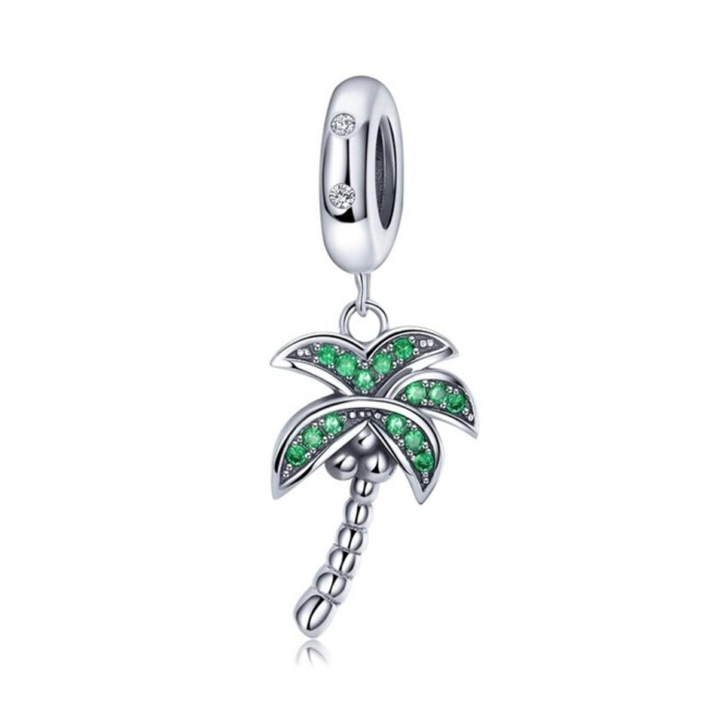 Sterling Silver Green Cubic Zirconia Palm Tree Dangling Charm