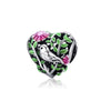 Sterling Silver Green Leaves Pink Flower With Bird Heart Charm Bead