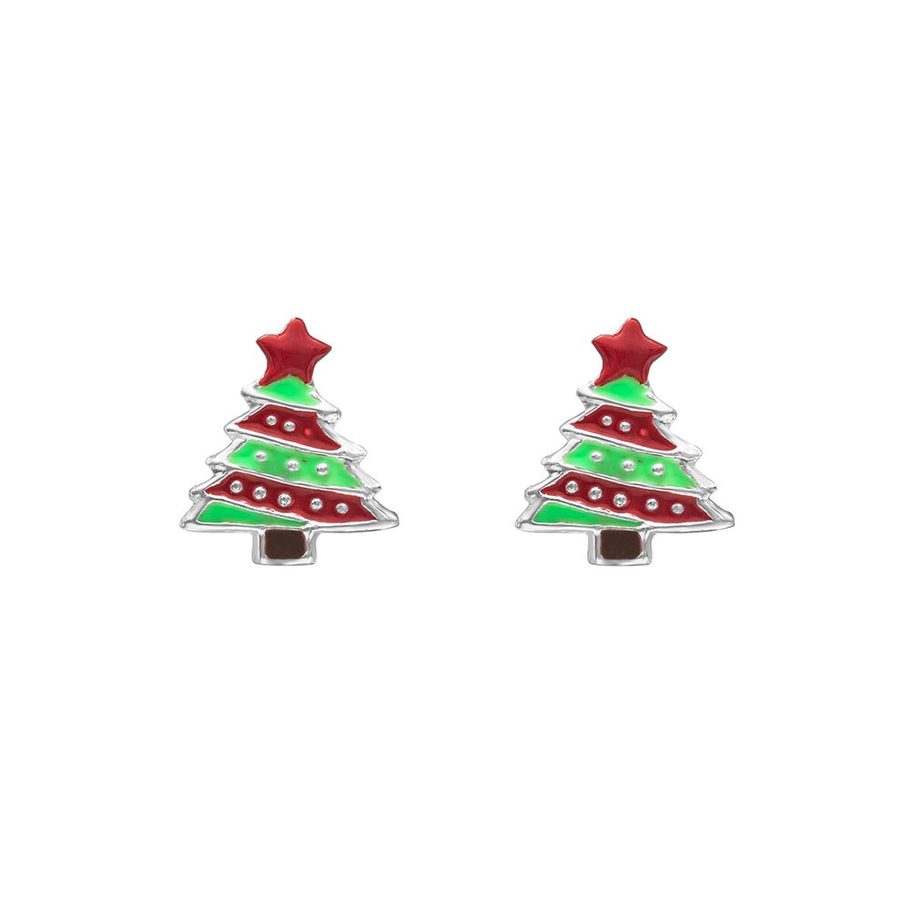 Sterling Silver Green Red Christmas Tree Stud Earrings