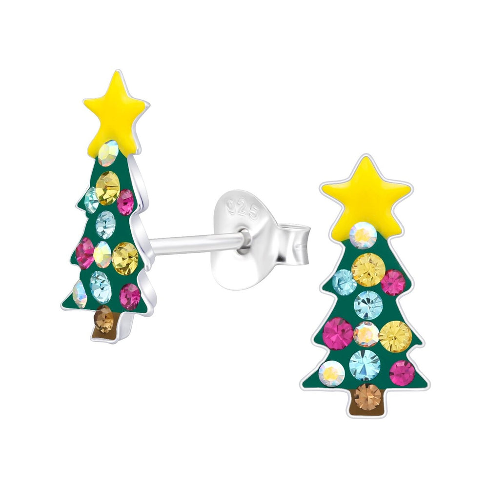 Sterling Silver Green & Multi Colored CZ Christmas Tree Dainty Stud Earrings