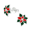 Sterling Silver Green & Red Poinsetta Flower Dainty Stud Earrings