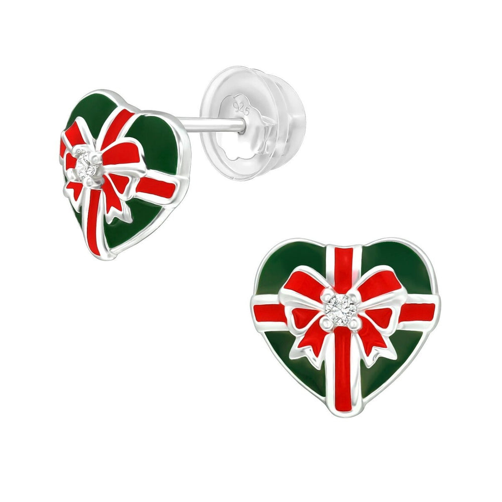 Sterling Silver Green & Red Wrapped Present Heart with CZ Dainty Stud Earrings