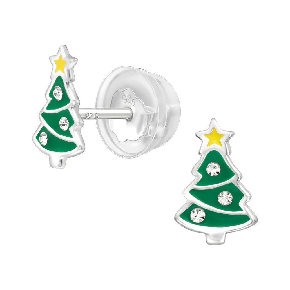 Sterling Silver Green & Yellow Christmas Tree with CZ Dainty Stud Earrings