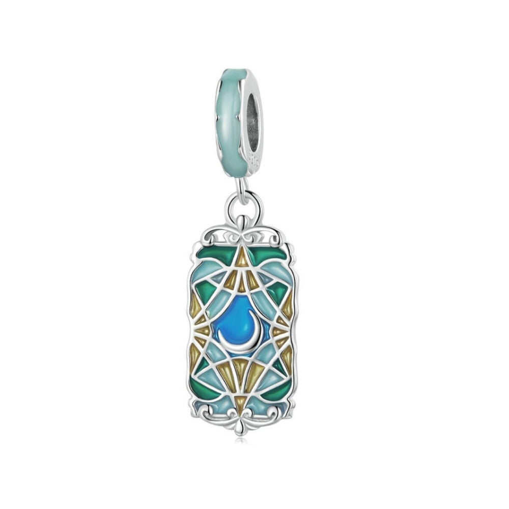 Sterling Silver Green & Yellow Ornate Stained Glass Window with Moon Dangling Charm