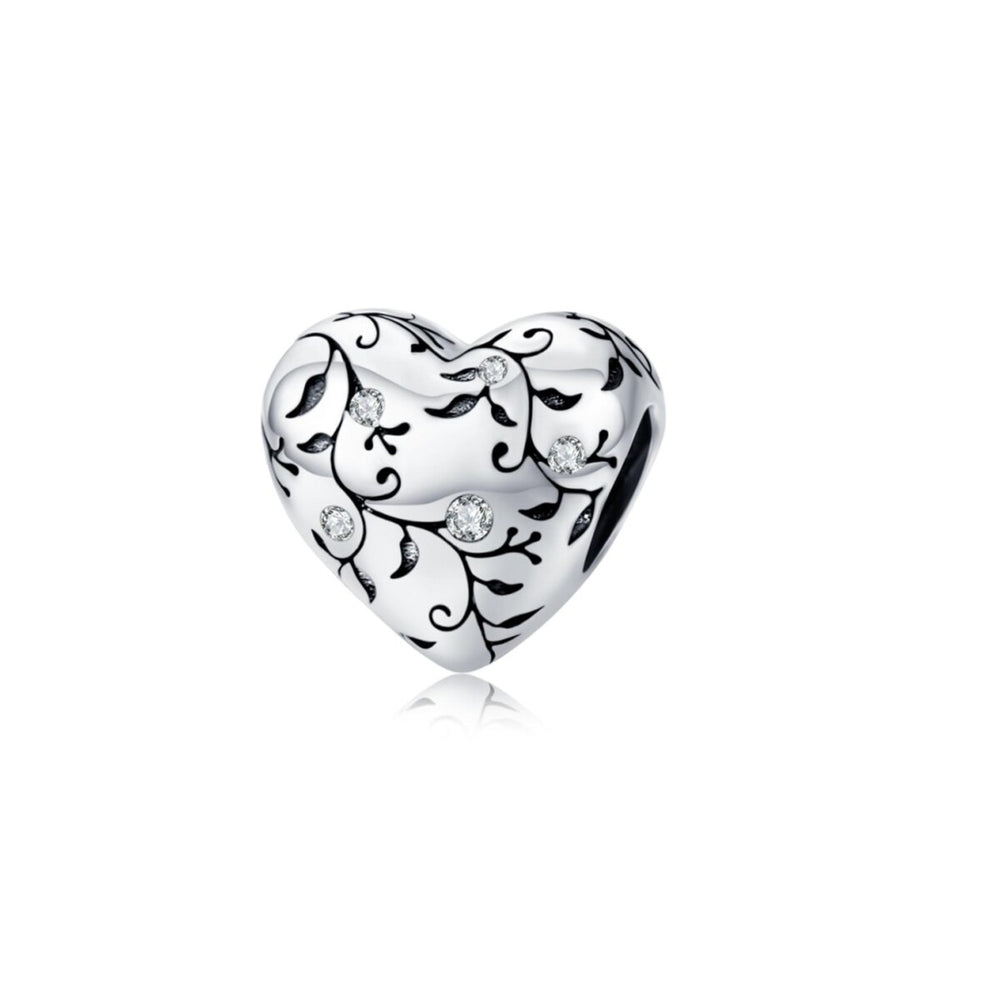 Sterling Silver Greenery Cubic Zirconia Heart Charm Bead