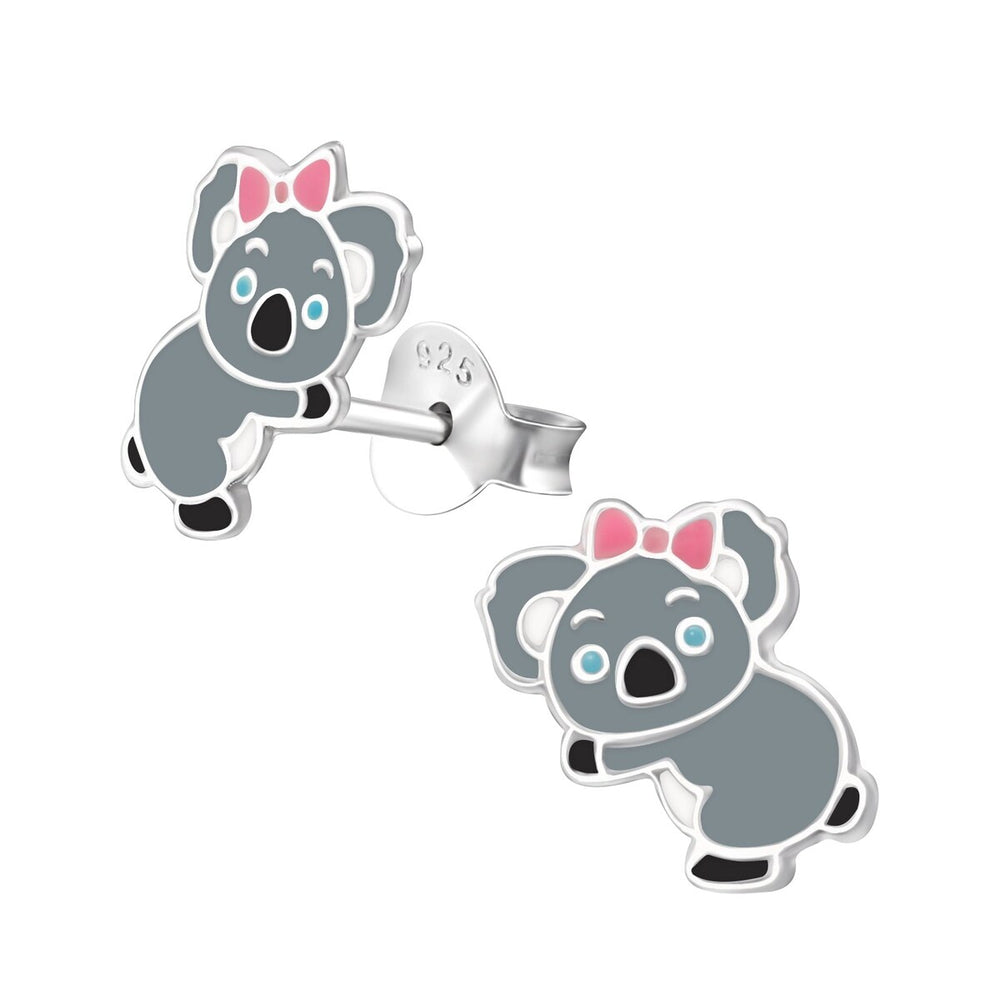 Sterling Silver Grey Panda with Pink Bow Stud Earrings