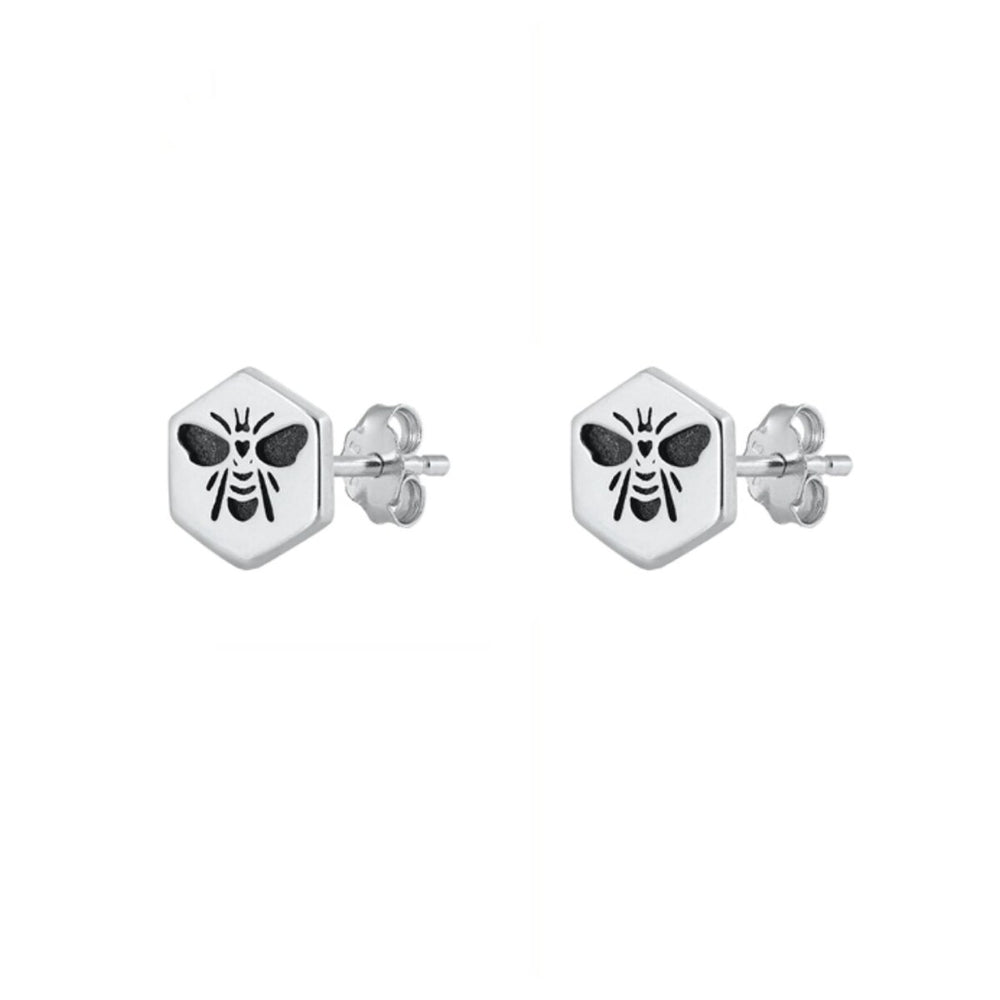 Sterling Silver Honeycomb Bee Stud Earrings