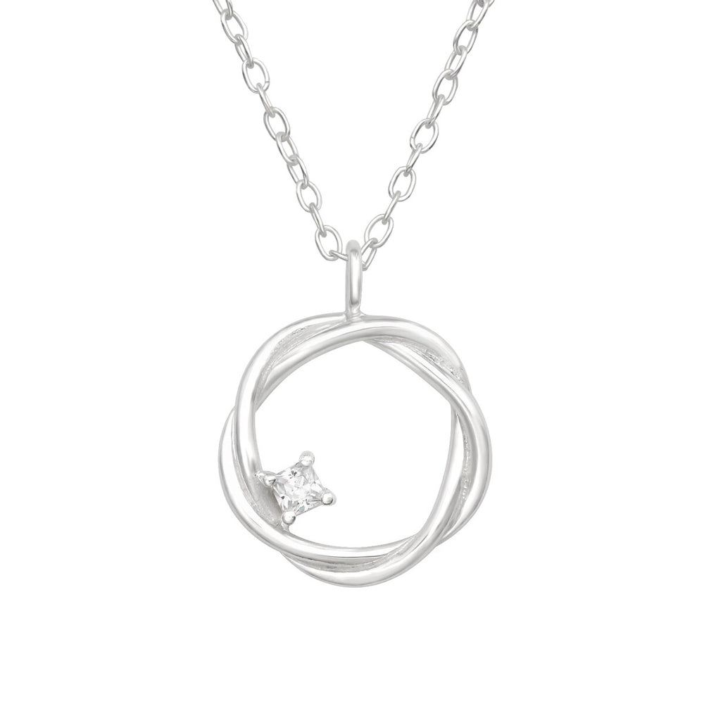 Sterling Silver Intertwined Circle Pendant Necklace with Dainty CZ Accent - White