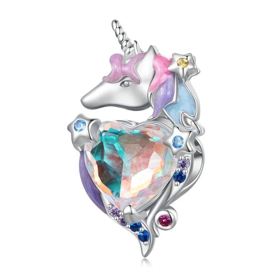 Sterling Silver Iridescent Heart CZ & Pastel Unicorn Bracelet Charm