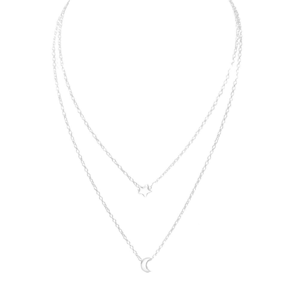 Sterling Silver Layered Moon & Star Necklace - White