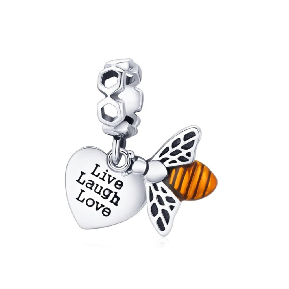 Sterling Silver Live Laugh Love Heart Bee Dangle Charm Bead