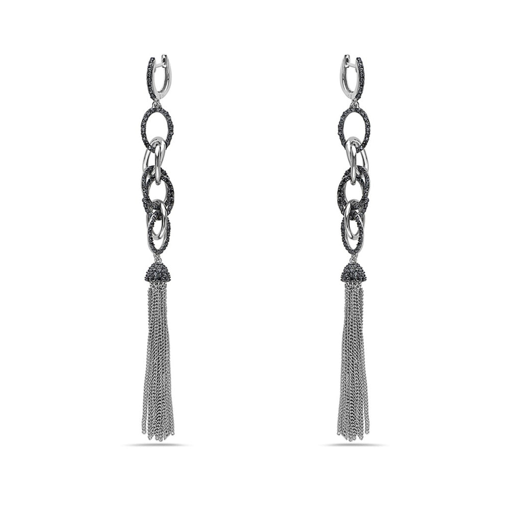 Sterling Silver Long Linear Tassel Party Earring Black CZ 2 Tones