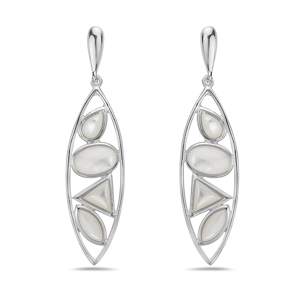 Sterling Silver Long Marquis Earring with Multistone of Mother of Pearl