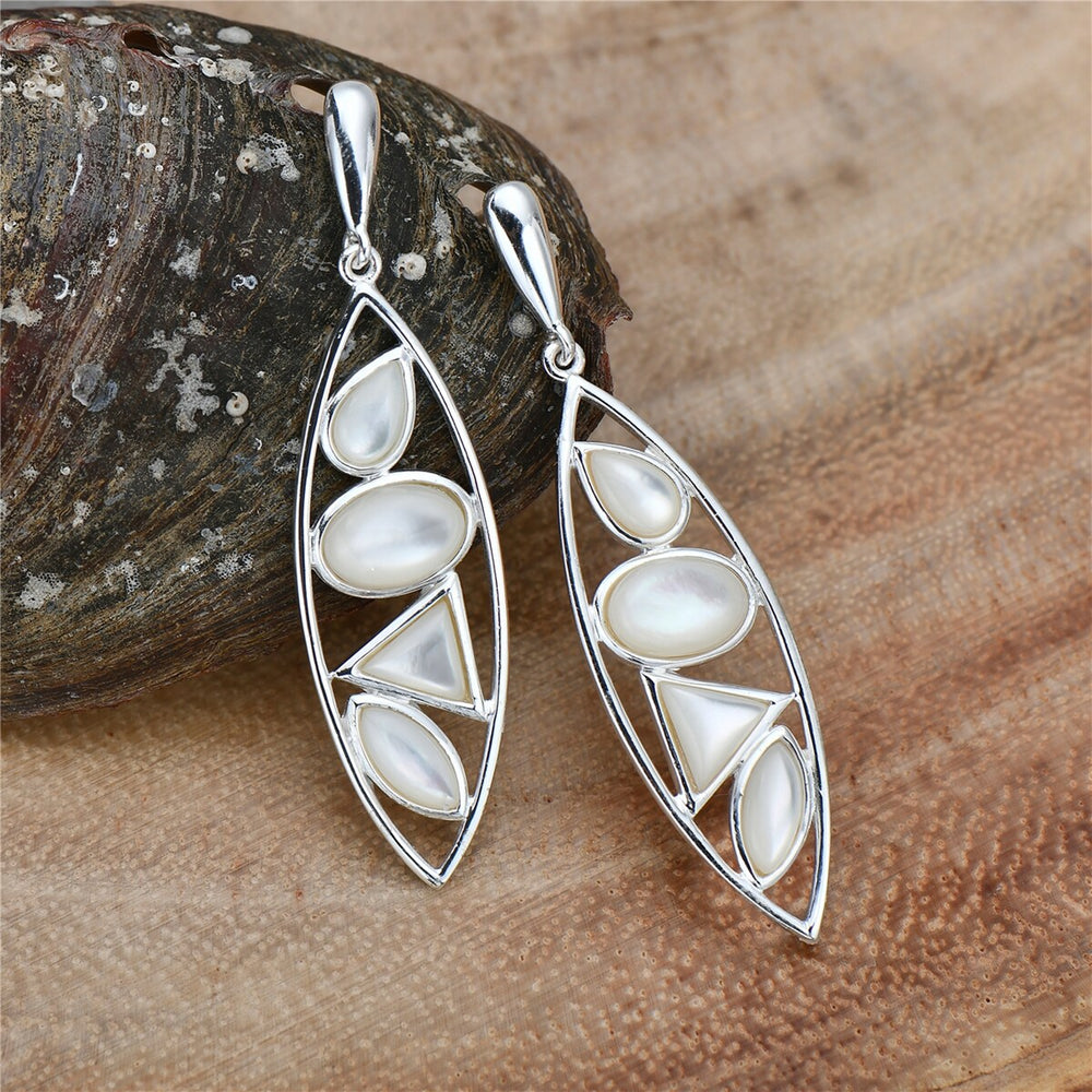 Sterling Silver Long Marquis Earring with Multistone of Mother of Pearl